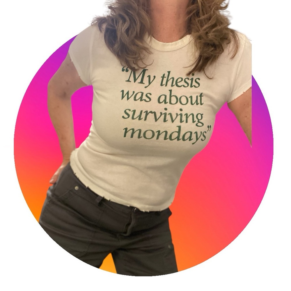Zara white graphic short shirt sleeve Tee with Green Text, “Surviving Mondays”